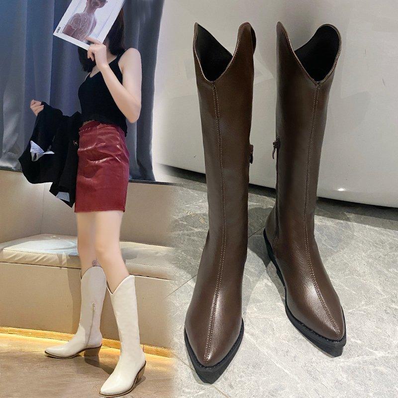 Модные Новые Женские Сапоги На Молнии Толстый Высокий Каблук Простые Толстые Высокие Каблуки Осенне-Зимние Сапоги До Колена Ботас