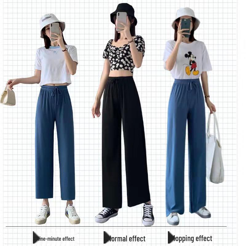 Женские брюки с высокой талией и широкими штанинами из ледяного шелка на весну/лето - Свободные, стройнящие, длиной до пола.