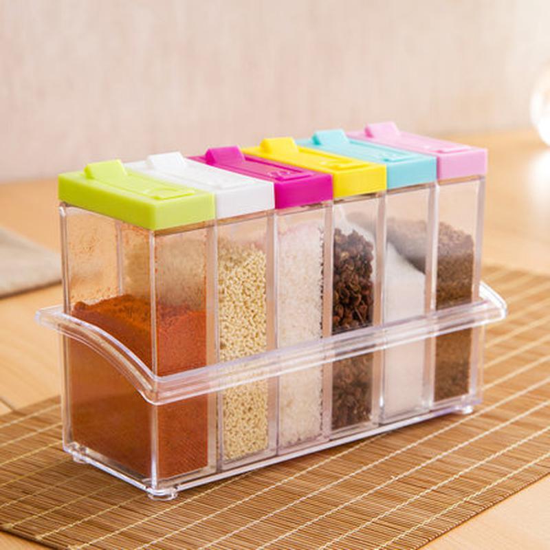 6Pcs/Set Seasoning Box with Tray Condiment Storage Plastic Moisture-Proof Salt Jar