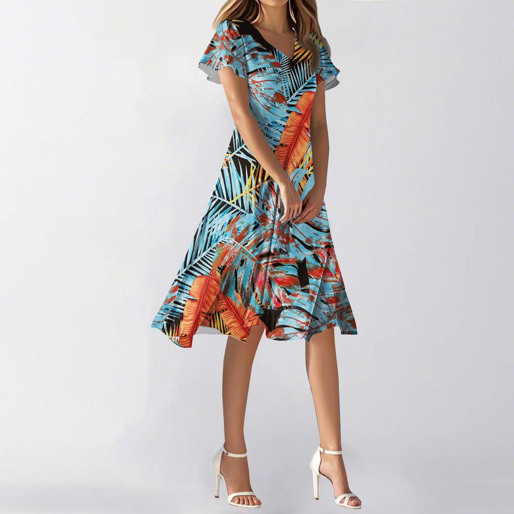 Женское летнее повседневное модное платье с цветочным принтом и V-образным вырезом, короткая юбка с коротким рукавом