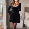 Женское платье со стразами, квадратным вырезом, длинными рукавами, однотонное мини-платье А-силуэта, длиной выше колена, осенне-весеннее платье для свиданий и вечеринок