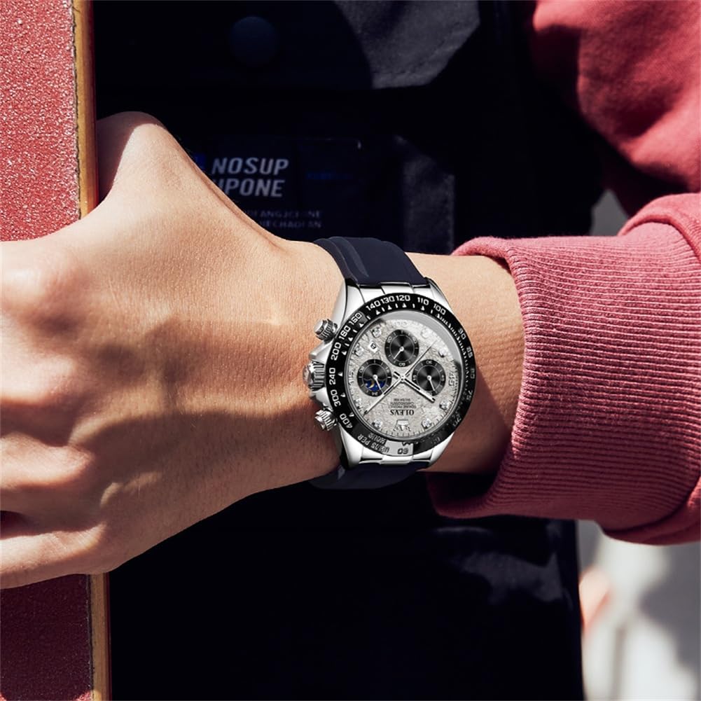 OLEVS Watch Stylish Business Watch Easy To Read Sports Popular Fashion Brand Analog Quartz Silica Gel Belt Chronograph Date Waterproof Gray Arm Watch