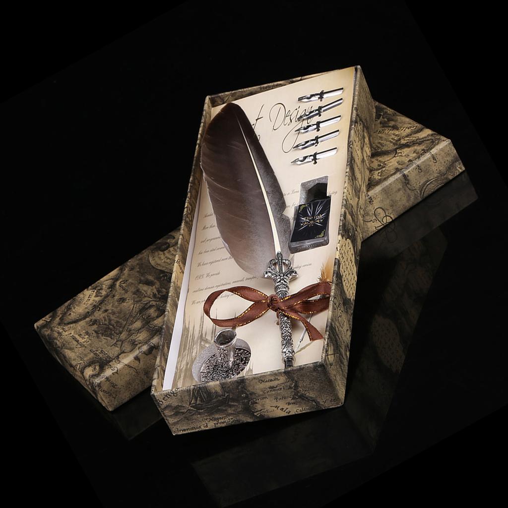 English Calligraphy Feather Dip Quill Pen Writing Ink Set Stationery Gift Box with 5 Nibs