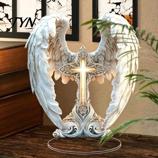 Christmas Tabletop Decorations Angel Wings Cross Table Sign, Acrylic Religious Wing Statue, Large Modern Art Piece Ornaments for Home Living