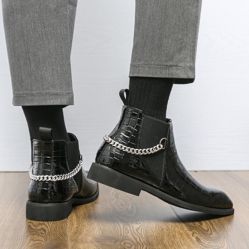 Мода Новая Мода Ботинки Челси Мужские Кожаные Ботинки Металлическая Цепь Декоративные Ботинки Роскошные Деловые Слипоны Крокодилы Серые Ботильоны