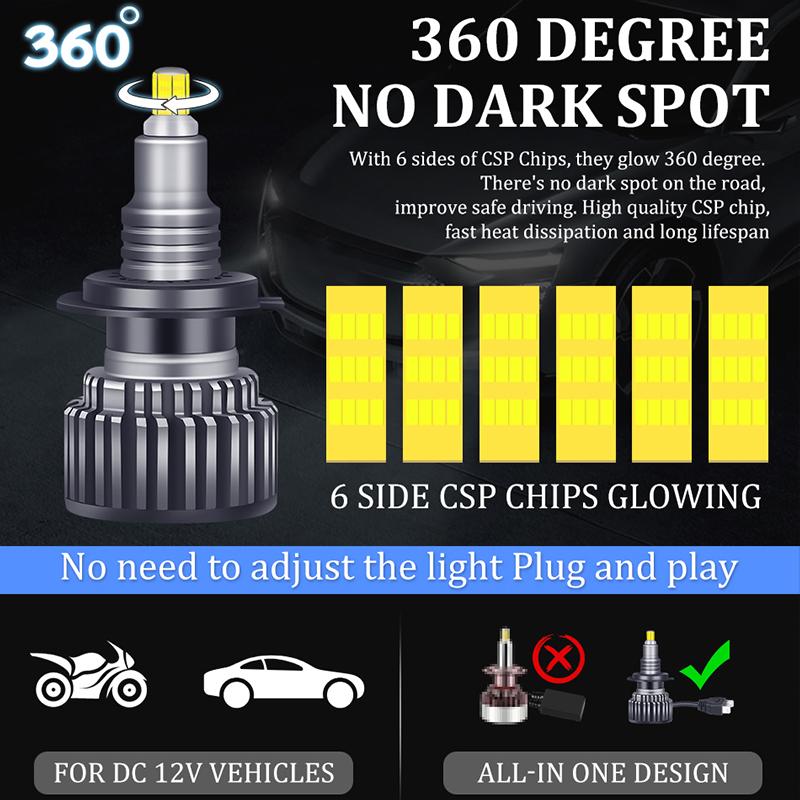 2PC 6000000LM 5500W H7 Led 360 H1 HB3 HB4 9012 HIR2 Led H11 H8 9006 9005 H27 880 881 Car Headlight Bulb Auto Fog Lamp 3D Chips
