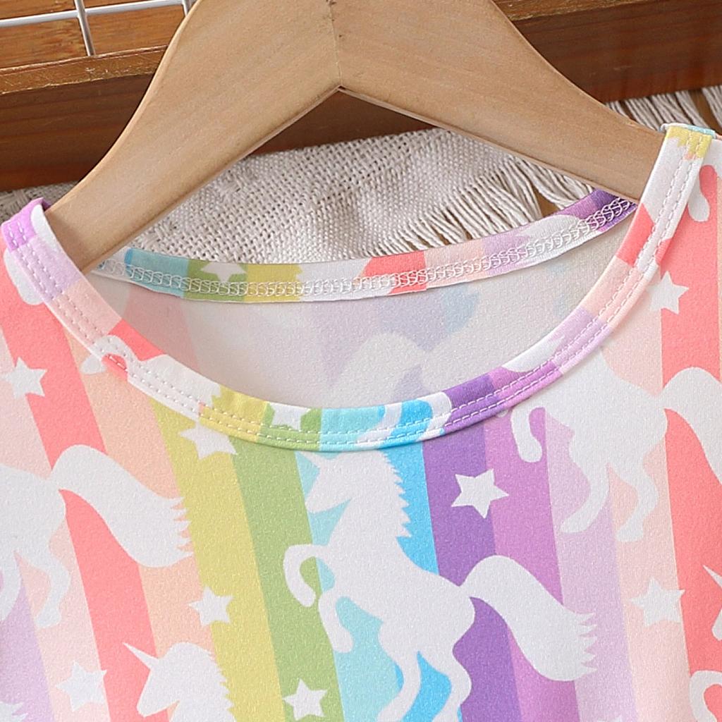 Dress For Kids 1-8 Years Old Ruffled Sleeve Cute Rainbow Unicorn Princess Formal Dresses Ootd For Girl