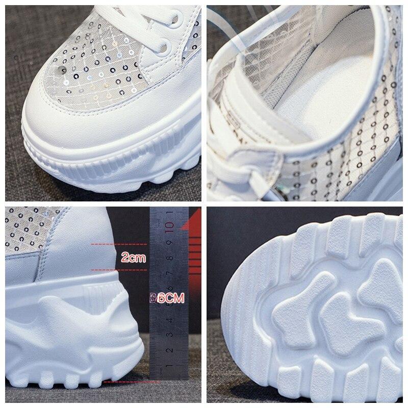 Fujin 8cm Lace Sequined Air Mesh Cow Genuine Leather Chunky Sneakers Wedge Platform Breathable Hollow Vulcanized Summer Ladies