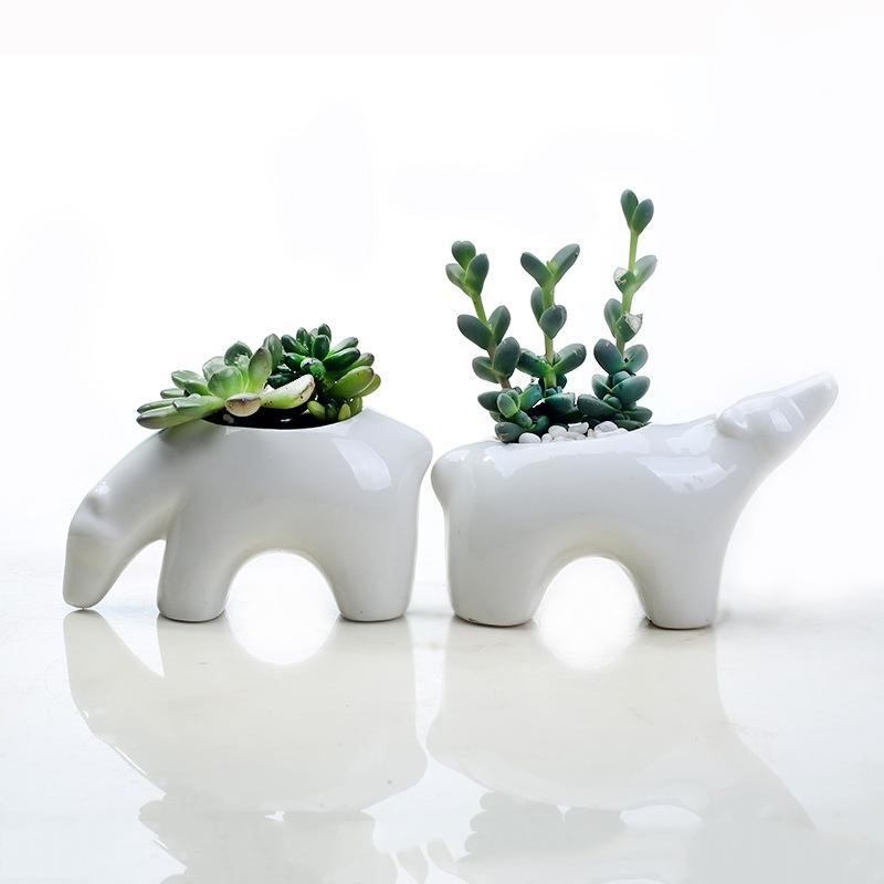 Scandinavian Style Ceramic Succulent Flower Pot, Creative Office Desktop Polar Bear Couple Green Plants Animal Potted Plants