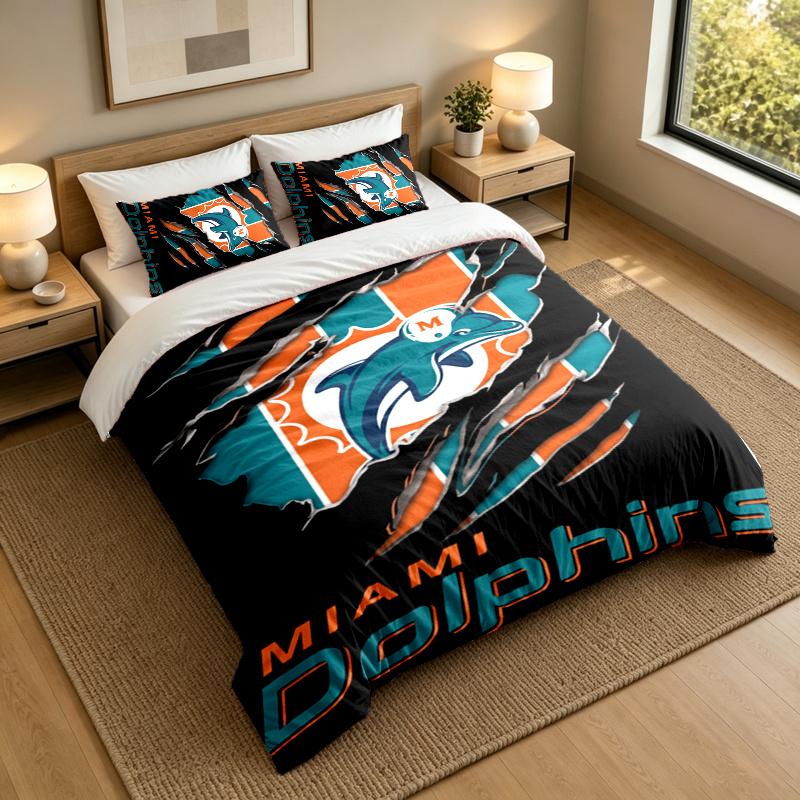 3-Piece Bed Sheet Set with Miami Dolphins Design, 1 Flat Sheet and 2 Pillowcases for Bedroom