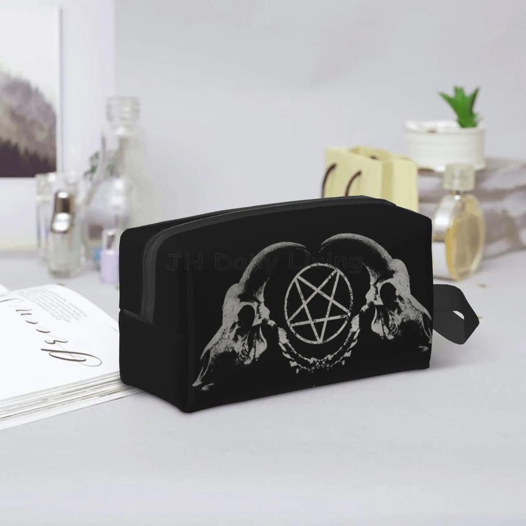 Gothic Occult Satan Penta Symbol Skull Storage Bag Portable Large Capacity Travel Toiletry Cosmetic Bag Makeup Organizer