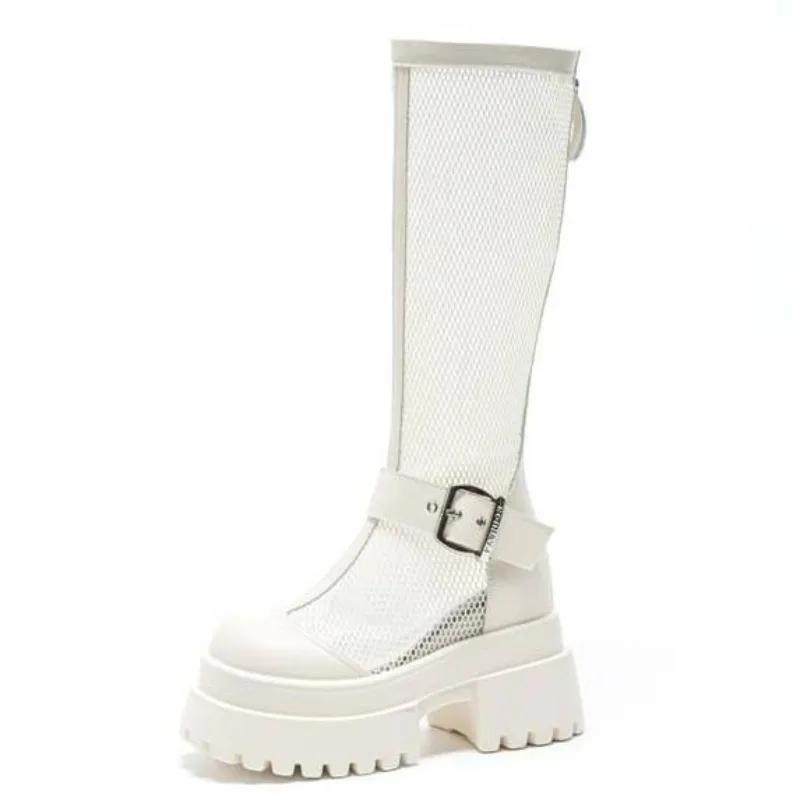 Модные 10 см Ботинки-чулки из лакированной кожи и сетки, Летние мотоциклетные сандалии с полым голенищем до колена, Женская модная повседневная обувь