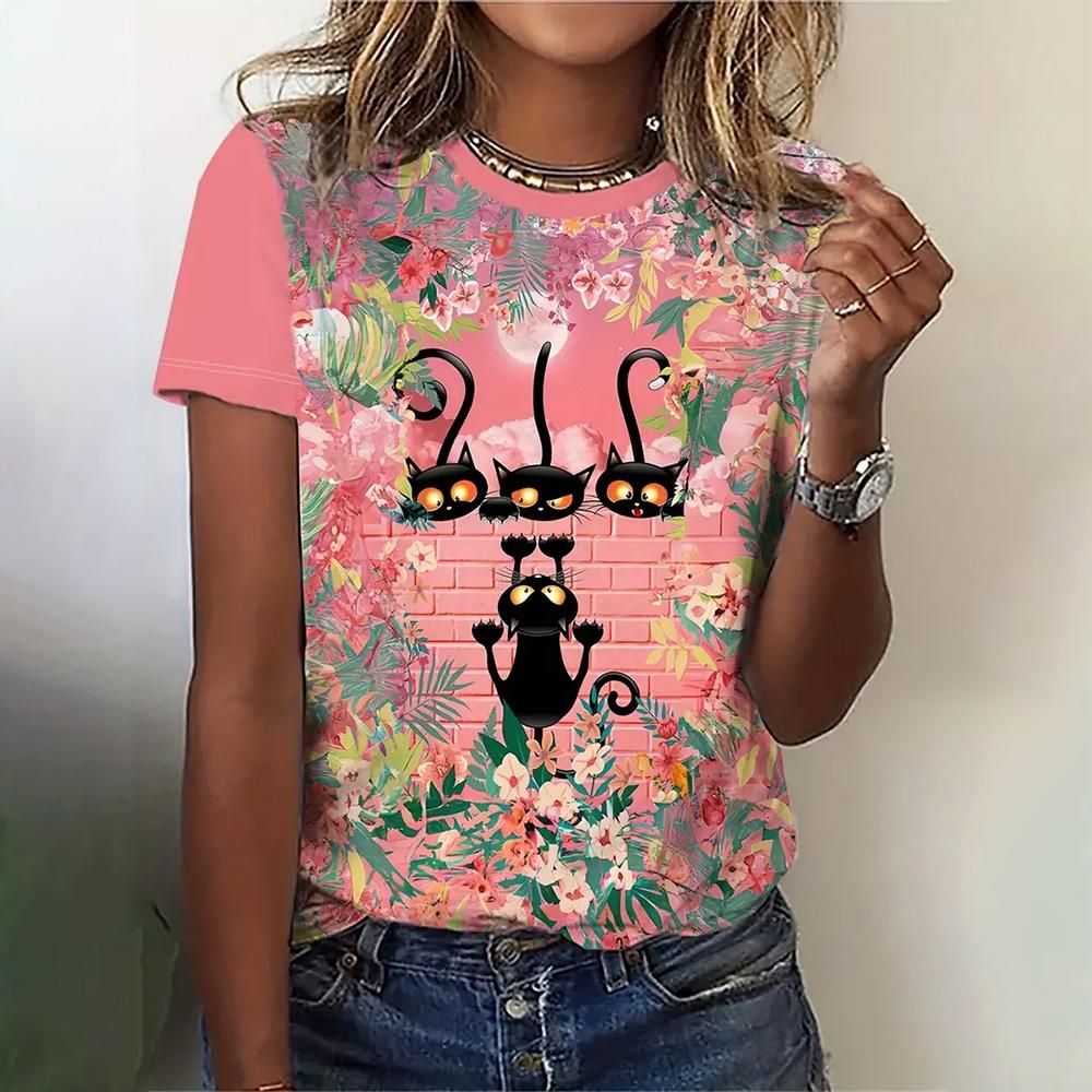 Женская мода 3D абстрактный рисунок кошки напечатаны короткие рукава топы 2024 новая женская одежда футболки летние свободные блузки и футболки