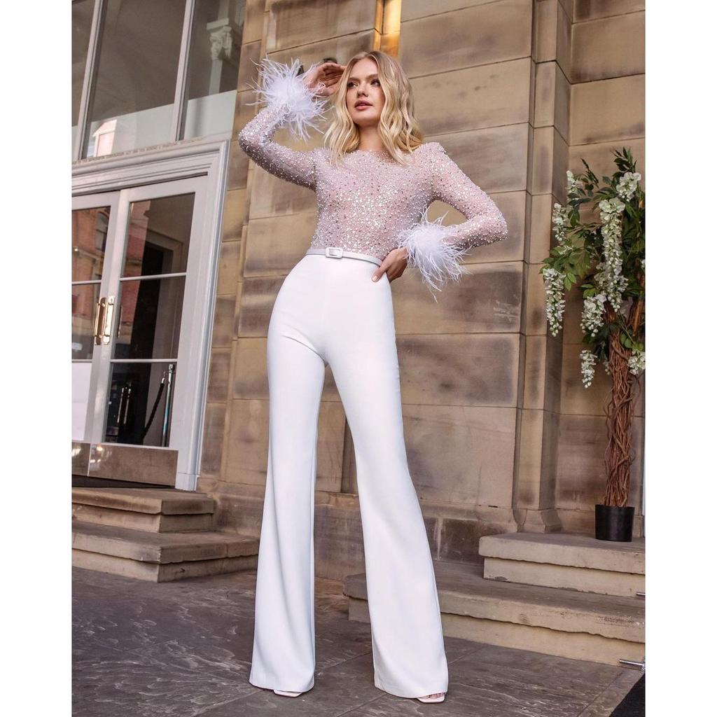 Женский повседневный комбинезон с длинным рукавом и отделкой перьями - Европейская и американская мода