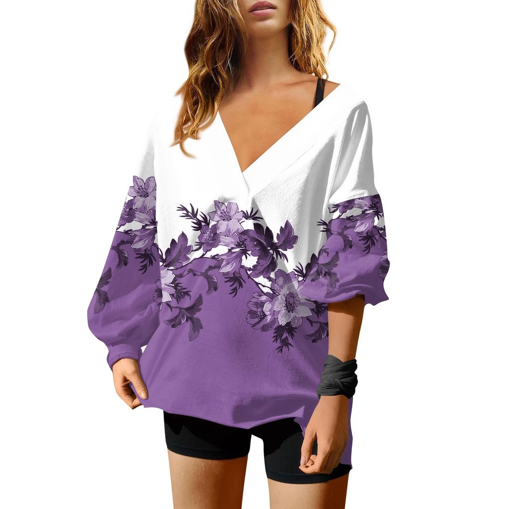 Женская мода V-образный вырез длинный рукав принтованный свободный пуловер свитшот топ