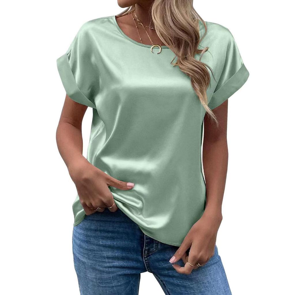 Spring and Summer New Women's Short Sleeve Satin Shirt Loose Casual Round Neck Colored Ding T-shirt Women