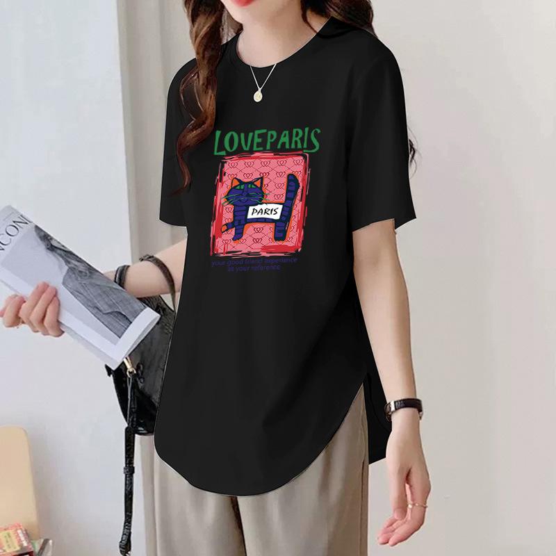 Round Neck Black Short-sleeved T-shirt for Women In Summer Mid-length Style Covering The Butt Curved Hem Loose Slimming Top