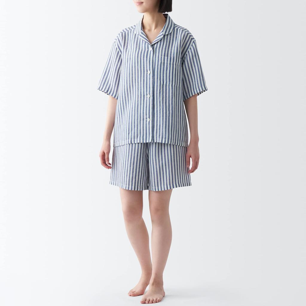 Пижама с короткими рукавами из льна MUJI Naturally Derived Cool Touch Lyocell FDB06A3S Navy Stripe L для женщин
