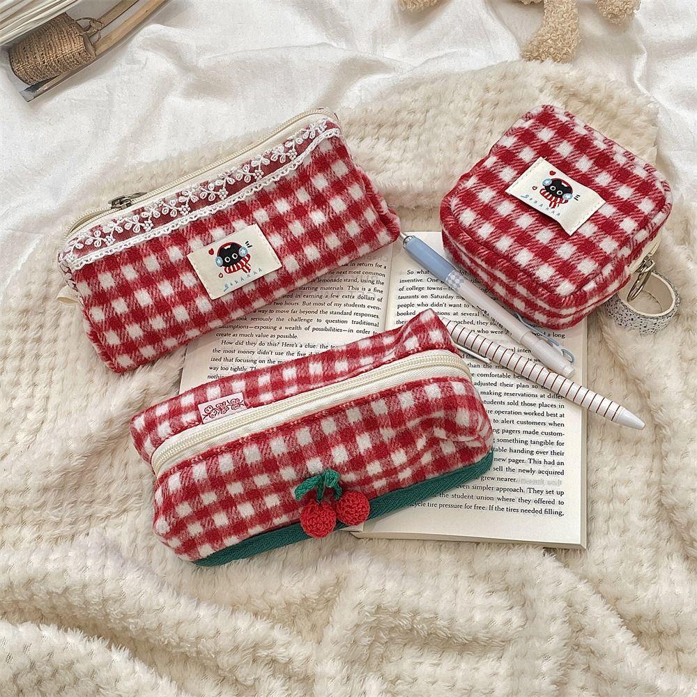Plush Plaid Storage Bag Cute Stationery Storage Pouch Office/School Supplies
