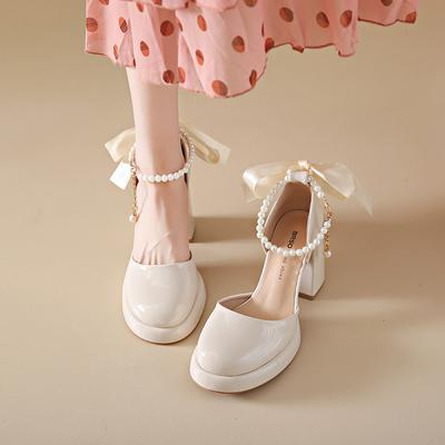 Модные женские туфли Мэри Джейн на толстом каблуке 2024 года, летние новые модные французские босоножки с узлом-бабочкой и жемчугом на высоком каблуке