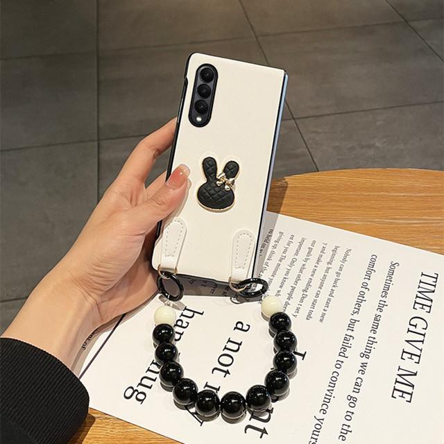 Стильный милый кожаный чехол для телефона с кроликом для Samsung Galaxy Z Fold 3 Z Fold 4 Z Fold 2 5g, черный чехол для браслета с бусинами, принципиально