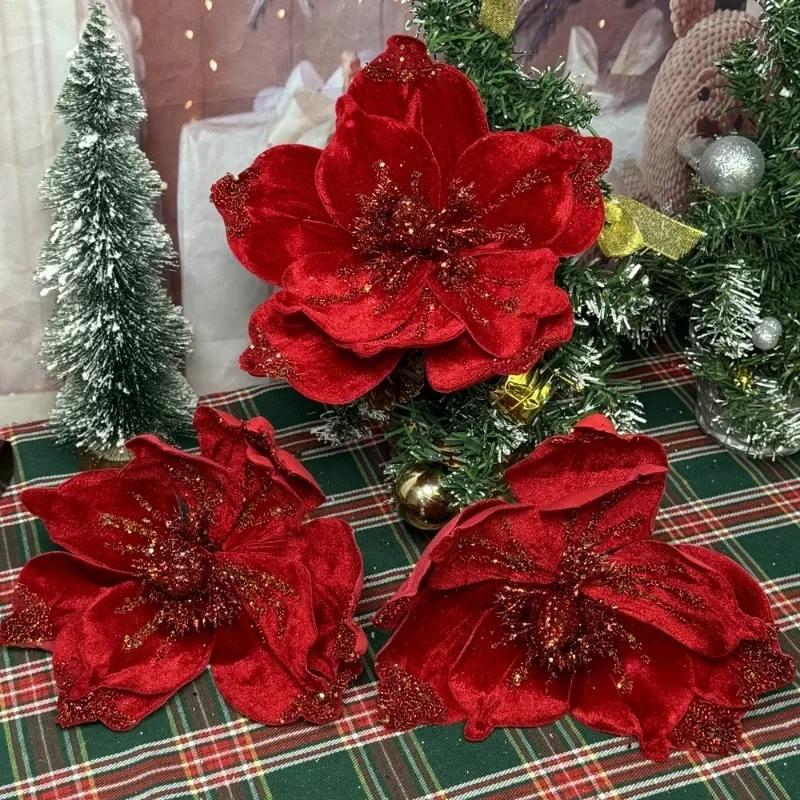 1/10pc Glitter Artificial Flowers Christmas Red Poinsettia Xmas Tree Ornament Simulated Magnolia Wedding Party Decor Fake Flower
