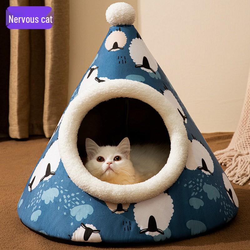 Уютная кровать для кошек и собак: Утолщенный милый спальный мешок для тепла осенью/зимой, закрытый матрас для питомца.