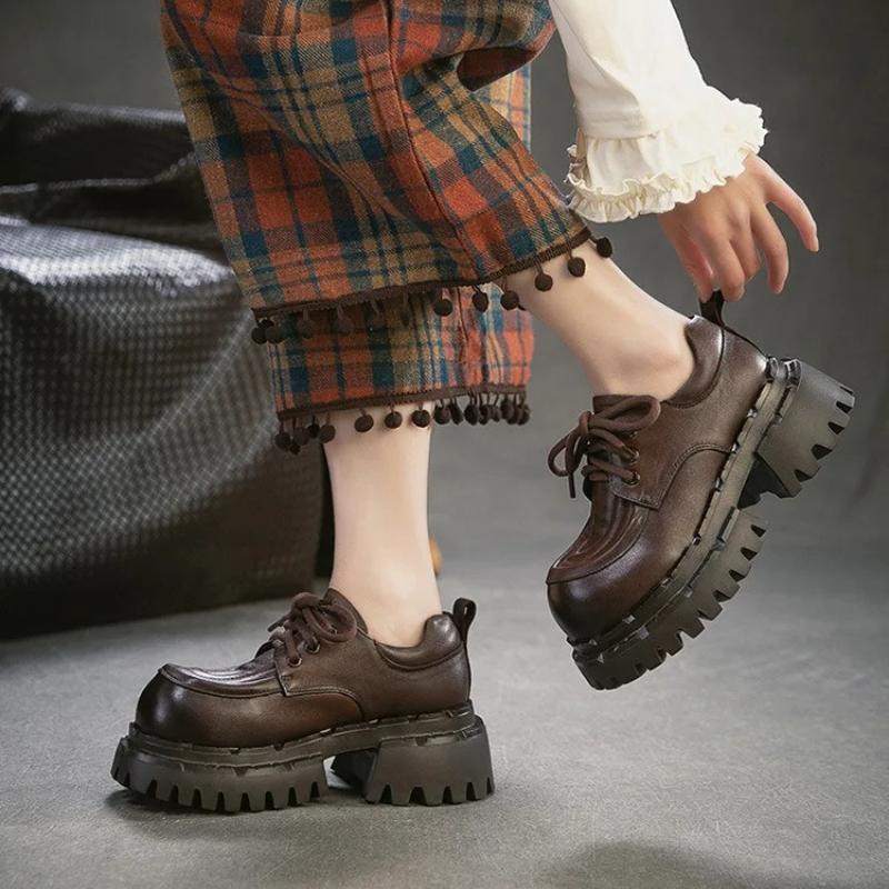 Johnature Женские туфли-лодочки на толстой подошве с круглым носком и шнуровкой в британском стиле, из натуральной кожи, универсальные, на высоком каблуке