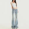 Women's Washed Blue Flared Jeans - Spring 2025 Lace Stitching, Slim, Low Waist, Retro Style