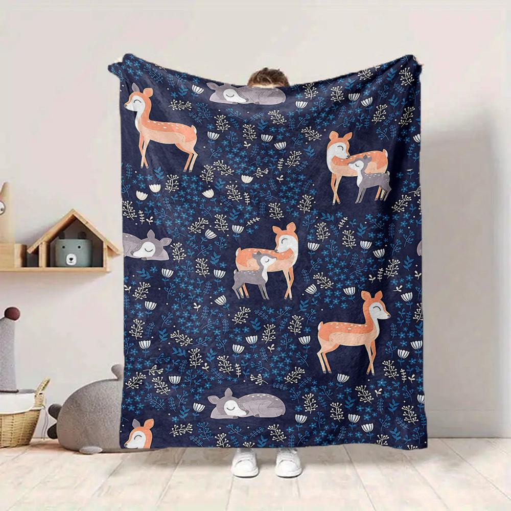 1pc Deer Floral Lightweight Flannel Blanket, Comfortable and Warm Blanket, for Office and Camping Sofa Bed, Livingroom130