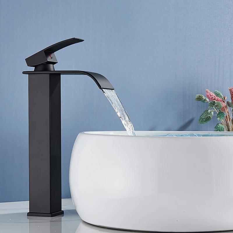 Matt Black Basin Faucet Single Lever Mixer Hot and Cold Water Basin Crane Tap Bathroom Washbasin Sink Waterfall Mixer Tap