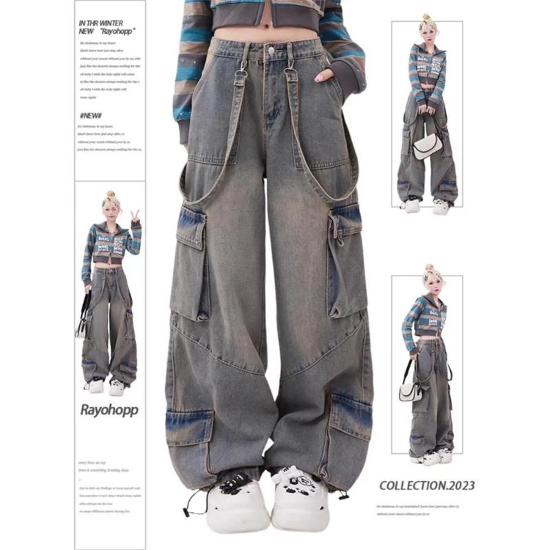 Flap Pocket Cargo Jogger Jeans Pants Women 2023 Vintage Low Rise Jean Harajuku Streetwear Straight Wide Leg Baggy Jeans Techwear Hip Hop Punk