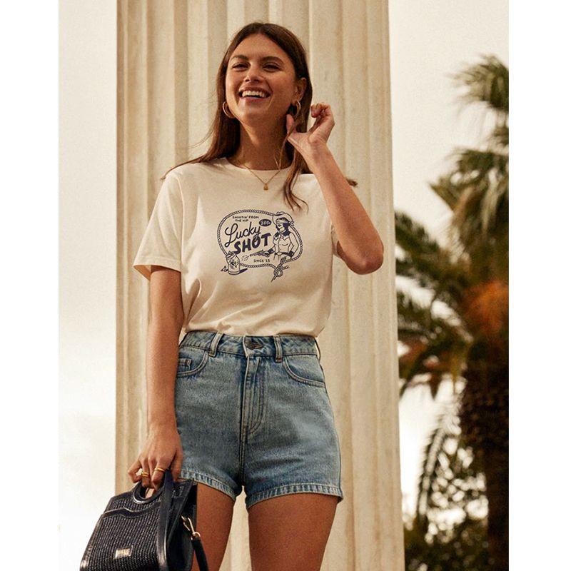 American Vintage Sports Style Lucky Shot Letter Print Cotton Apricot Loose Casual Short Sleeve T-shirt Women