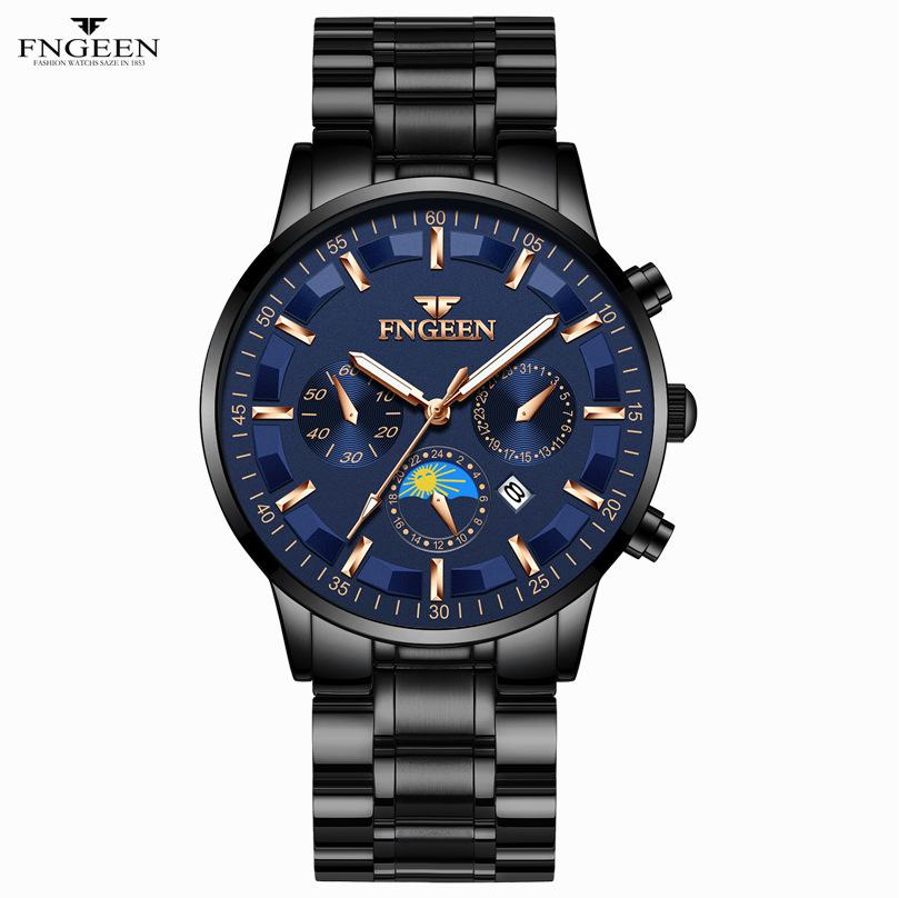 Лучшие брендовые часы, мужские водонепроницаемые трендовые черные часы с ремешком из нержавеющей стали и календарем для мужчин