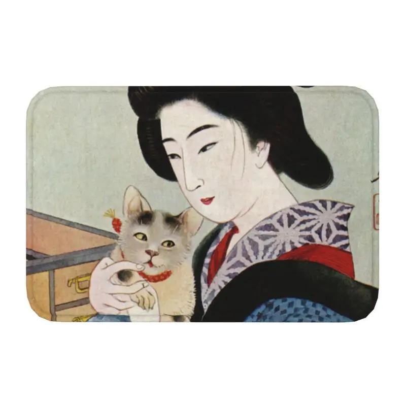 Custom Kawaii Maneki Neko Lucky Cat Doormat Non-Slip Entrance Bath Kitchen Floor Door Mat Japanese Geisha Art Garden Carpet Rug