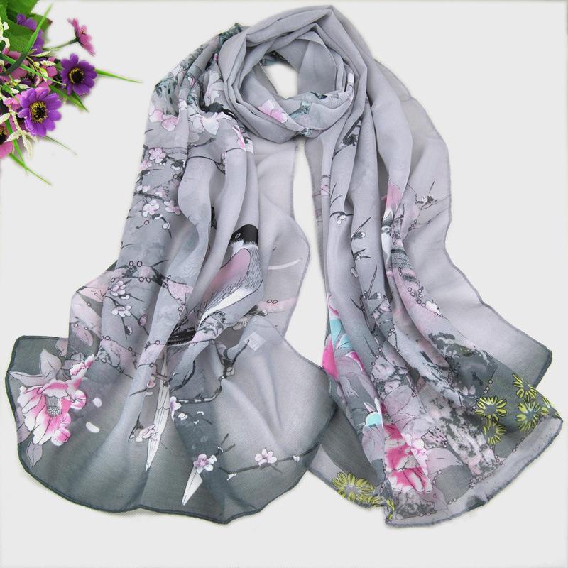 Scarves Natural Style Spring and Autumn Printed Flowers and Birds Rectangle Sun Protection Chiffon Scarf