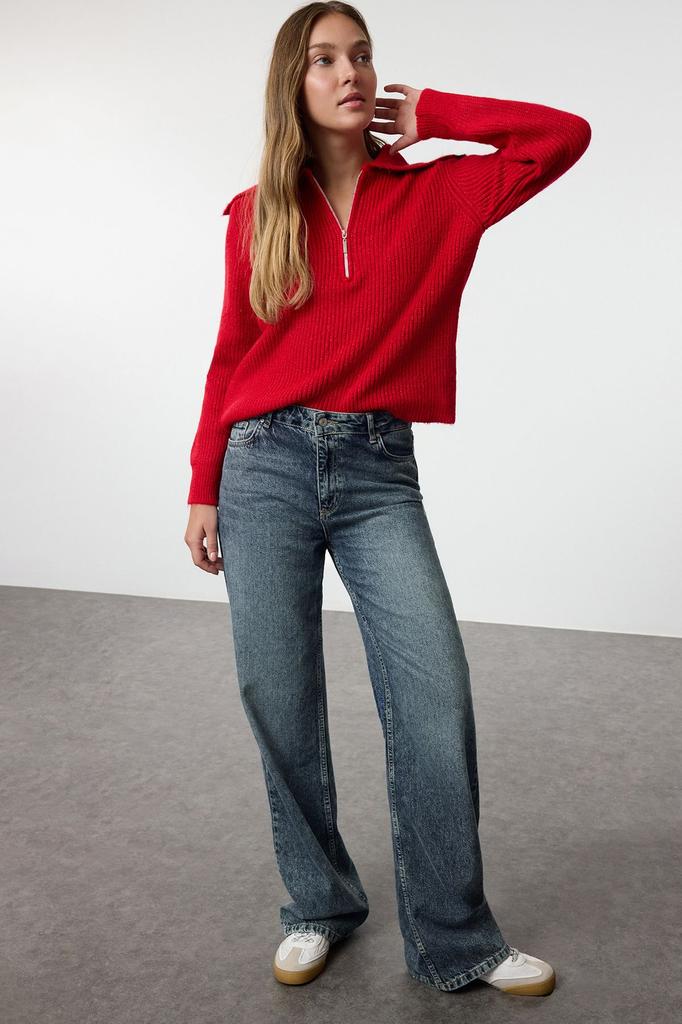 Women's Fashionable Stylish Sweater Red Wool Wide Fit Turn-down Collar Zippered Knitwear Sweater