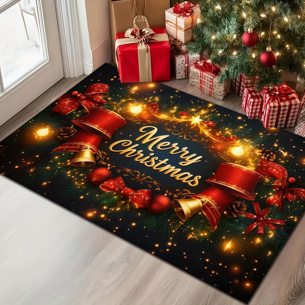 Classic Xmas Entry Rug Red White Candy Cane Pine Holly Snowflake Green Bow Printed Welcome Christmas Doormat for Home Porch