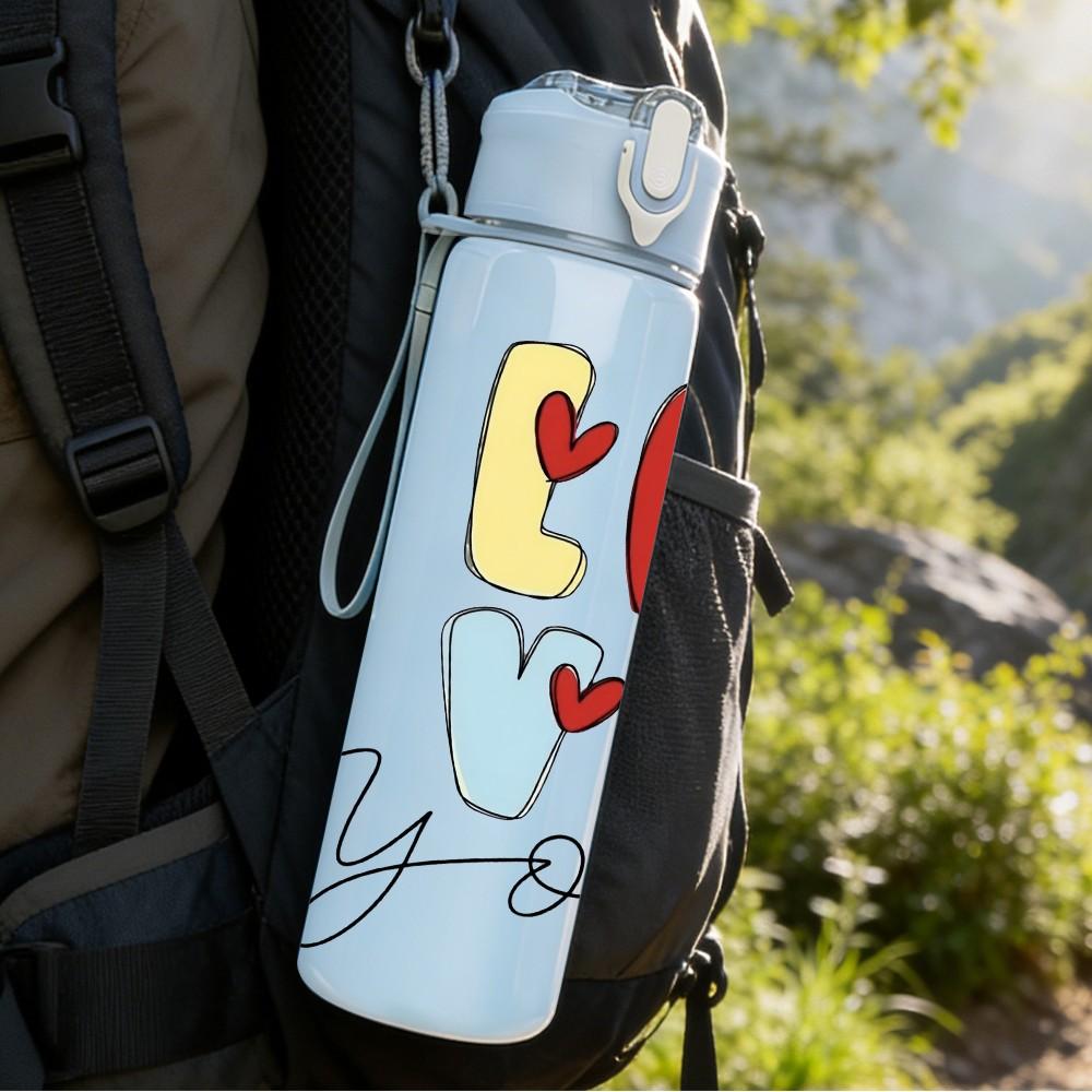 1PC Love You Cursive Letter Pattern 750ml Color Plastic Sports Water Bottle Leakproof Flip Straw Lid Suitable for Sports Office Home Use