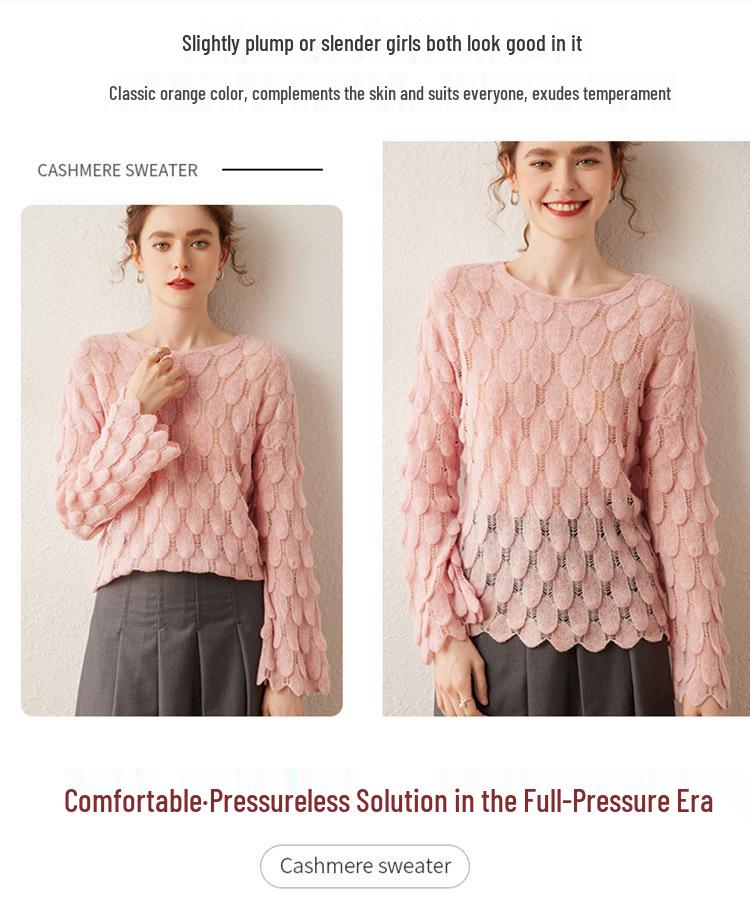 Women's High-End French Cashmere Sweater: Hollowed-Out, Round Neck, Bell Sleeves, 2024 Trend