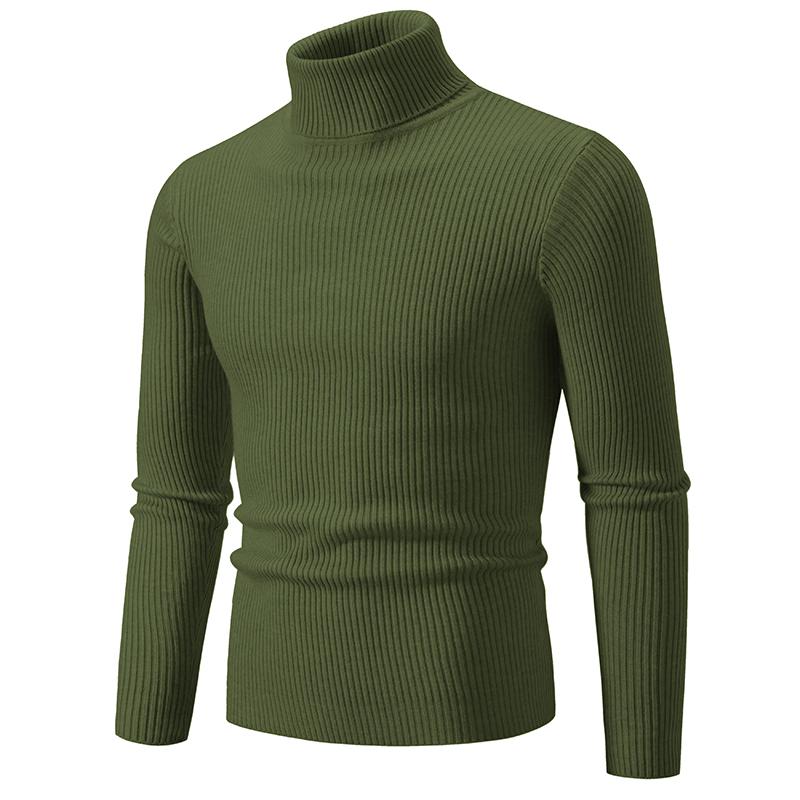 Men's High-Neck Pullover Sweater Autumn Casual Elastic Solid Color Vertical Stripe Knitted Comfortable Basic Sweaters