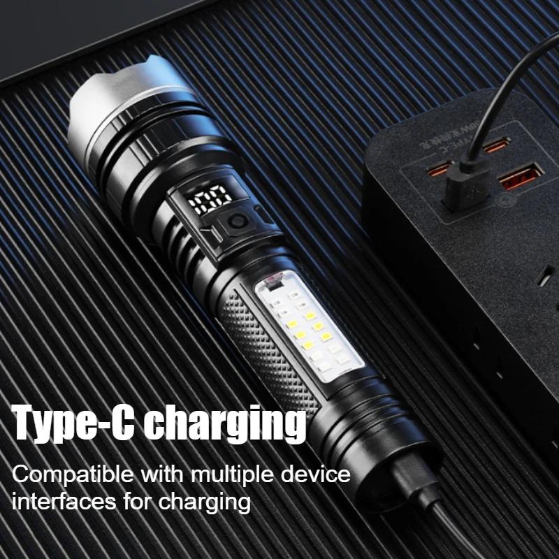 5 Modes USB Rechargeable LED Flashlight Powerful Zoom Torch with COB Side Lights Outdoor Emergency Lantern Camping Portable Lamp