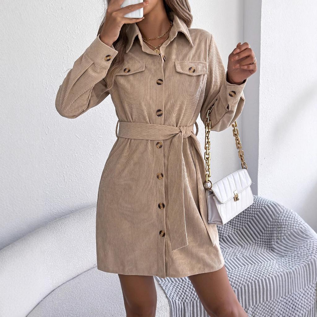 HNXC Женское повседневное однотонное однобортное платье-рубашка из вельвета с длинными рукавами и шнуровкой для осени и зимы