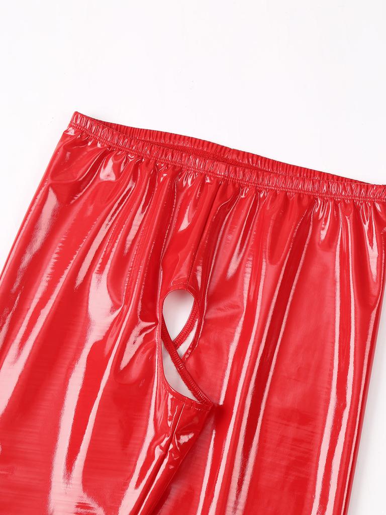 Женские кожаные леггинсы с мокрым внешним видом, эластичный пояс с вырезом, колготки, брюки, брюки с высокой талией