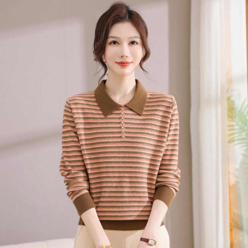 Autumn New Middle-aged and Old Bottoming Shirt Top Fashionable Mother Striped Knitted Sweater Loose and Casual