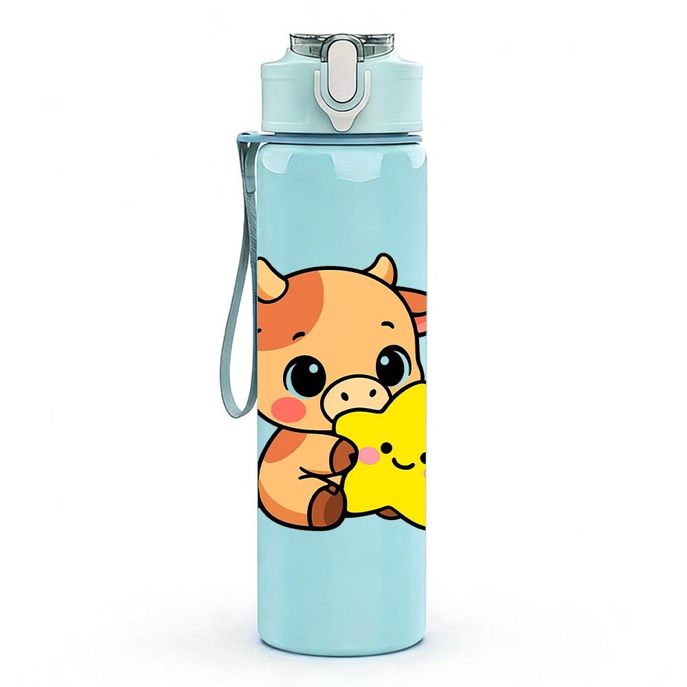 1PC Cow Cartoon Pattern 750ml Color Plastic Sports Water Bottle Leakproof Flip Straw Lid Suitable for Sports Office Home Use