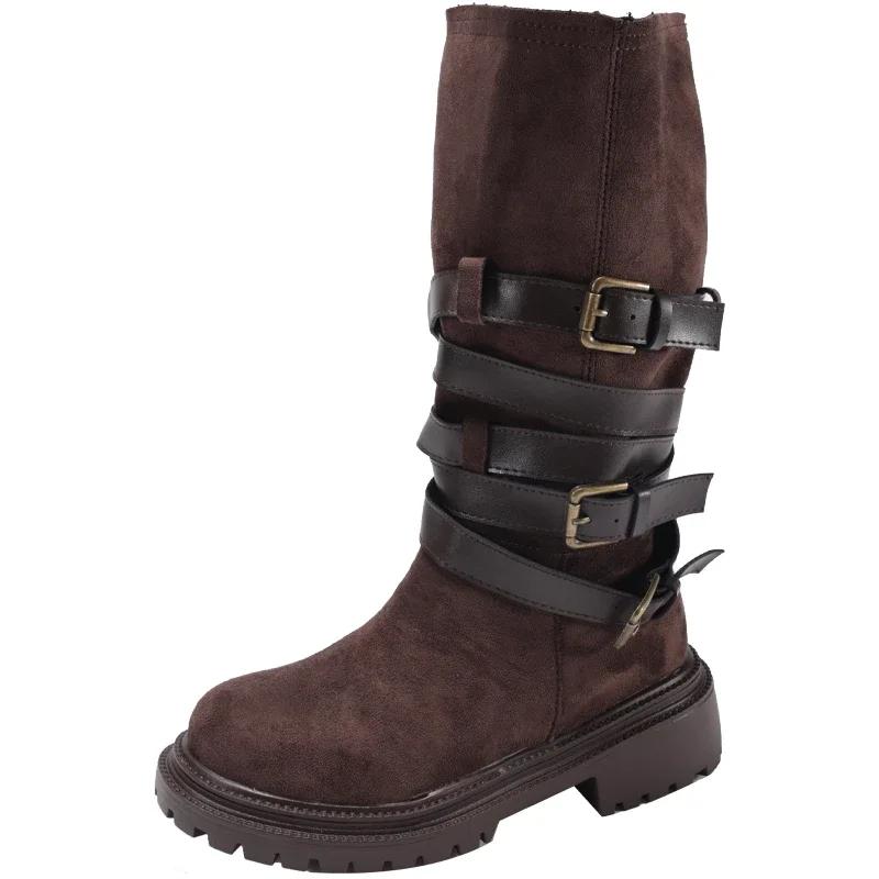 Женские сапоги на платформе до колена, замшевые туфли на плоской подошве, зимняя брендовая дизайнерская обувь 2025 года, новые повседневные модные ботинки «Челси» для снега