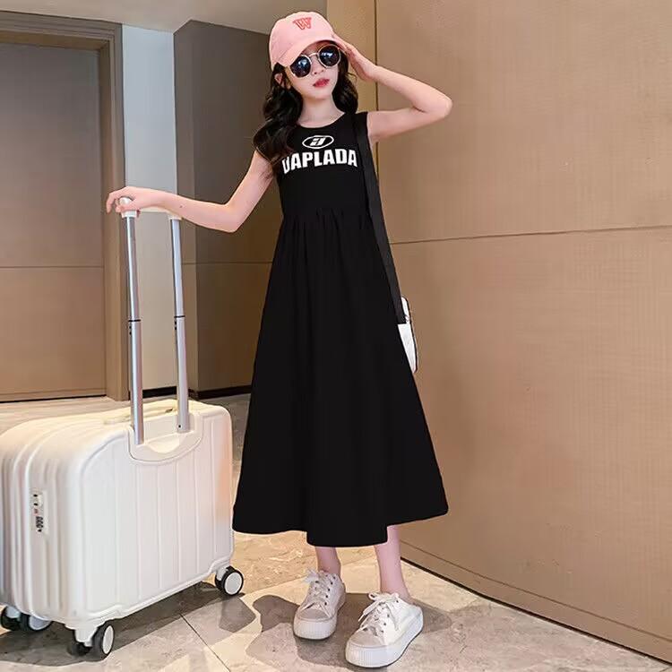Корейская версия однотонного платья без рукавов в западном стиле для девочек, детское летнее модное повседневное платье принцессы с буквенным принтом
