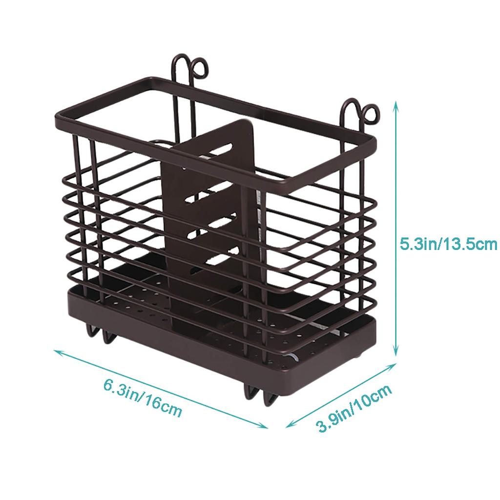 VANRA Chopstick Holder Cutlery Stand Drainer Holds Spoons and Forks Stainless Steel 2 Compartments with Hook (Brown)
