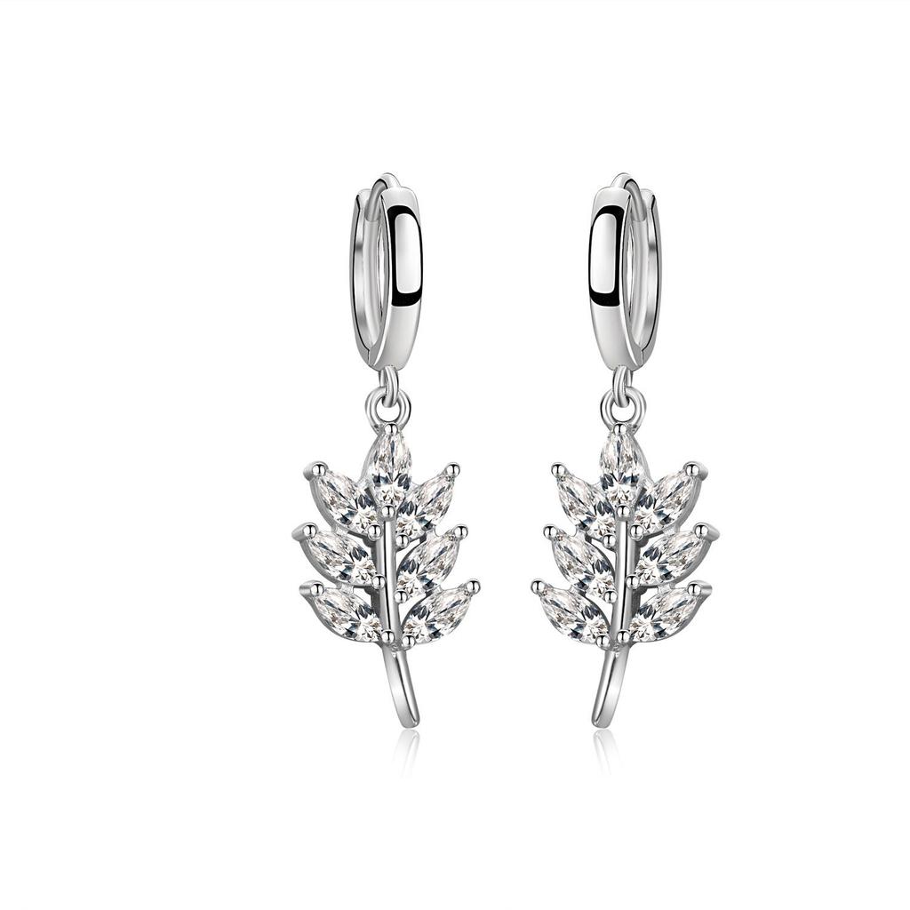 Korean 925 Sterling Silver Crystal Leaf Charm Stud Earrings For Women Girl Elegant Wedding Jewelry Eh1079